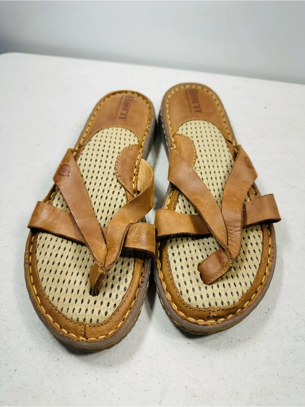 Born Tan Leather Crisscross Slide Sandals
